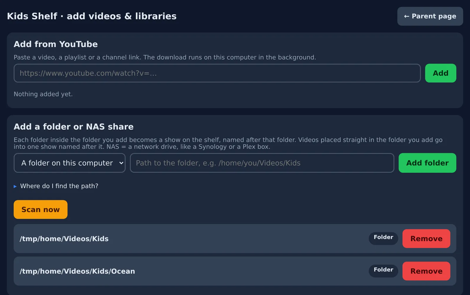 The page for adding videos from YouTube, from folders, and offline libraries