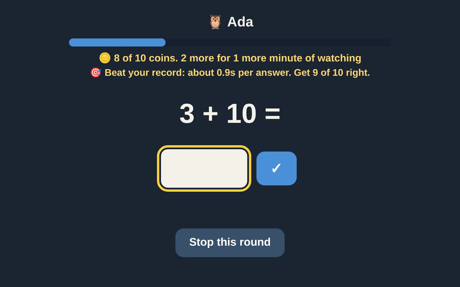 Math practice asking 1 + 14, with the coin count: 5 of 10 coins, 5 more for 1 more minute of watching