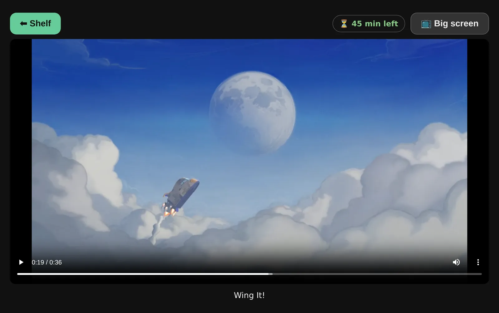 The video player paused on a short film, with the minutes left and a Big screen button above it