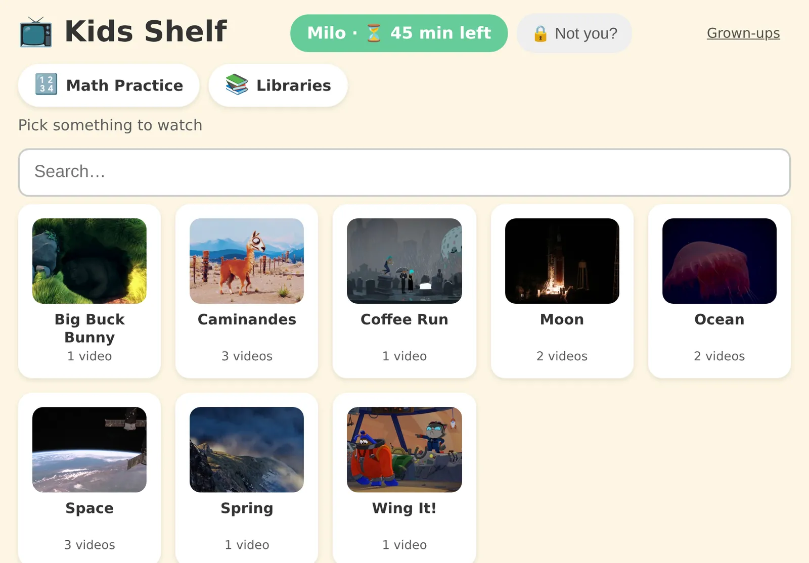 A kid's shelf in Kids Shelf: rows of shows with pictures, and the minutes left today at the top