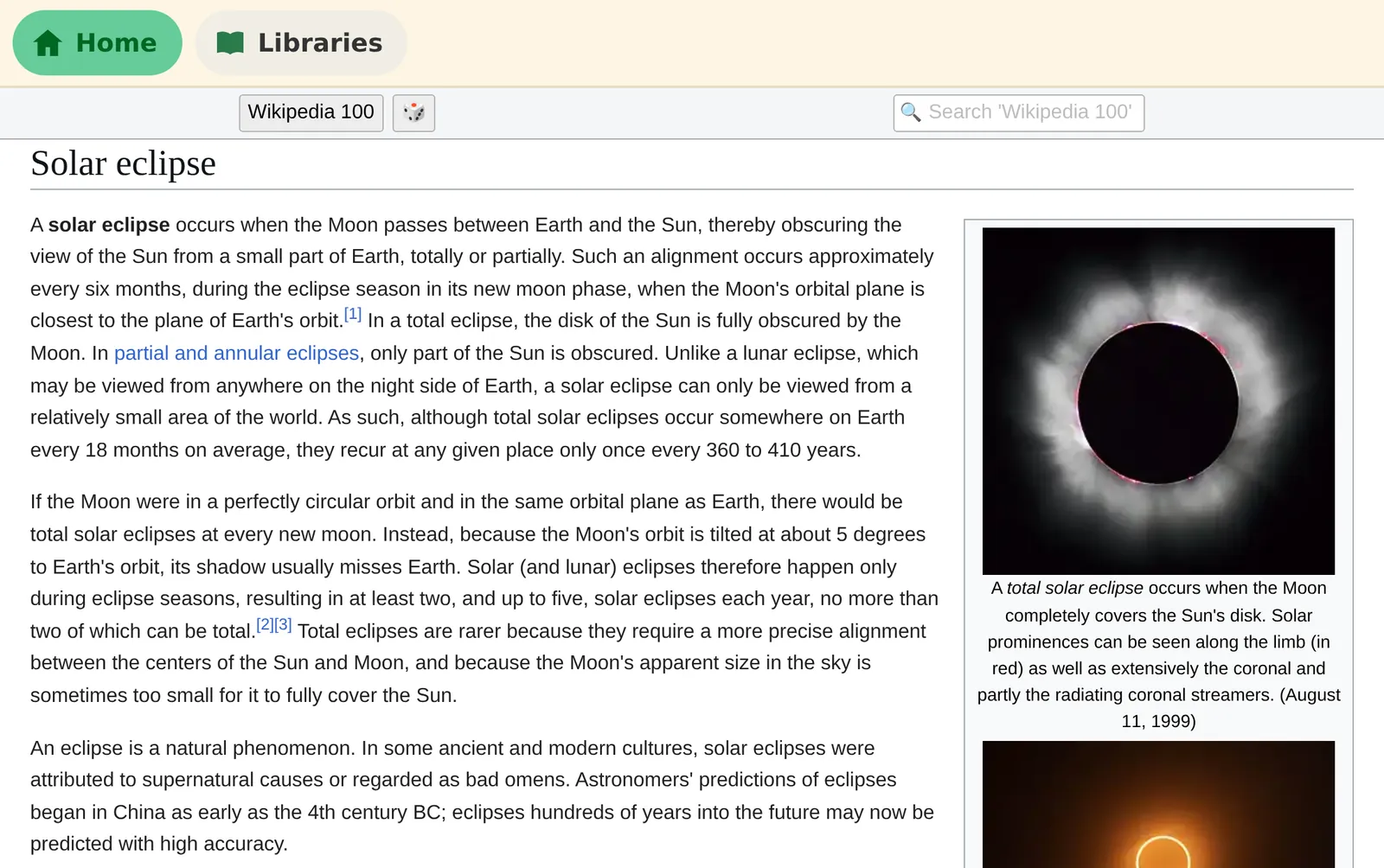 The Wikipedia article Solar eclipse, opened from the offline library in Kids Shelf